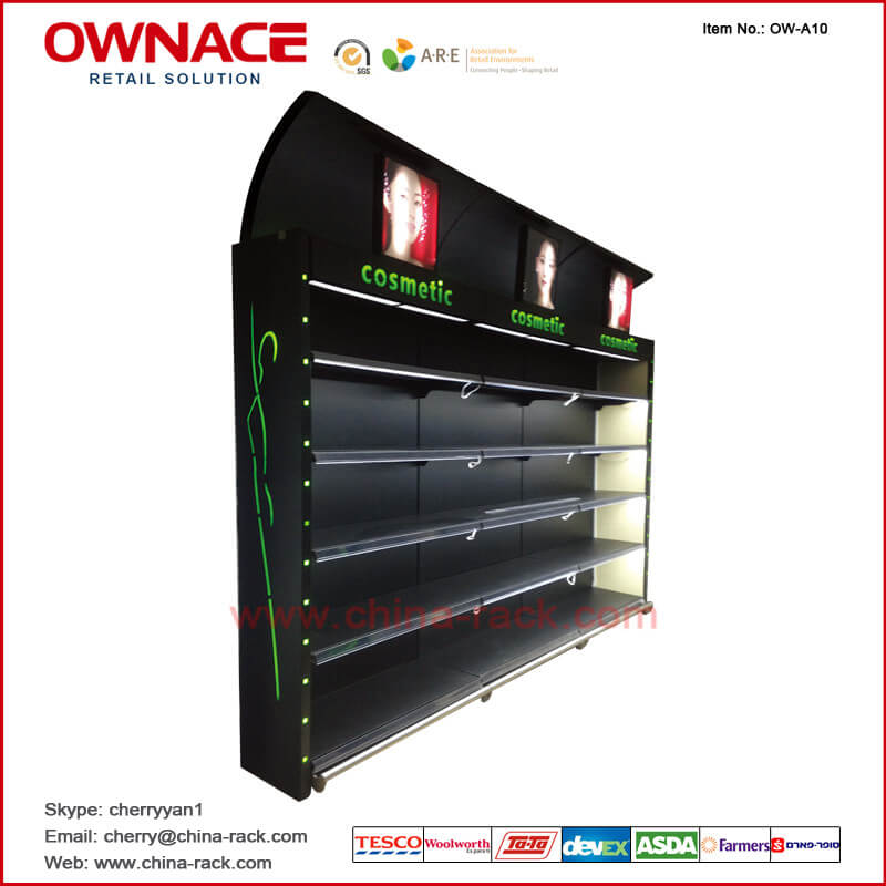 OW-A10 Light Box Stand Style Metal Gondola Supermarket Cosmetic Wall Shelf, Cosmetic Display Shelf, Wall Shelf para Cosmetic