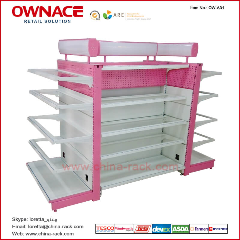 OW-A31 Shelf para Mother y Baby Products, estante de una tienda de Gondola con Glass Shelf Layer y Light Box Canopy