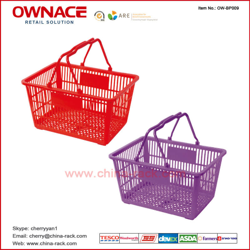 Cesta de compras plástica del supermercado de la carretilla de la manija OW-BP009