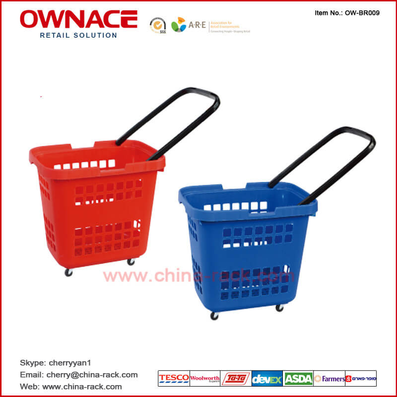OW-BR009 Plastic Rolling Supermarket Shopping Basket con la manija y la rueda