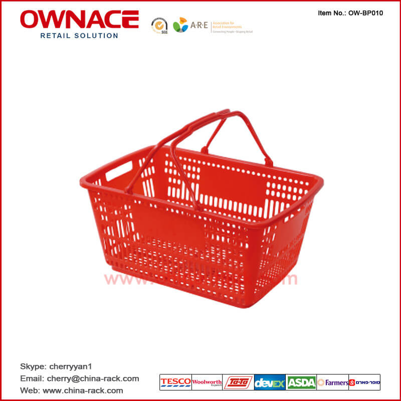 Cesta de compras plástica del supermercado de la carretilla de la manija OW-BP010
