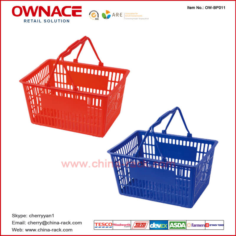Cesta de compras plástica del supermercado de la carretilla de la manija OW-BP011