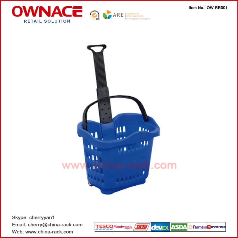 OW-BR001 Plastic Rolling Supermarket Shopping Basket con la manija y la rueda