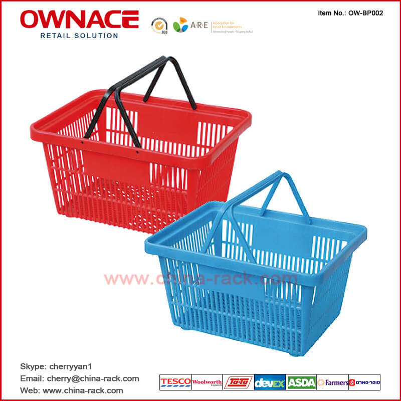 Cesta de compras plástica del supermercado de la carretilla de la manija OW-BP002