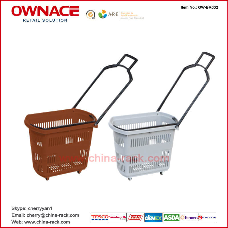 OW-BR002 Plastic Rolling Supermarket Shopping Basket con la manija y la rueda