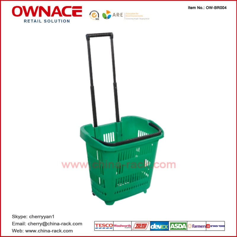 OW-BR004 Plastic Rolling Supermarket Shopping Basket con la manija y la rueda