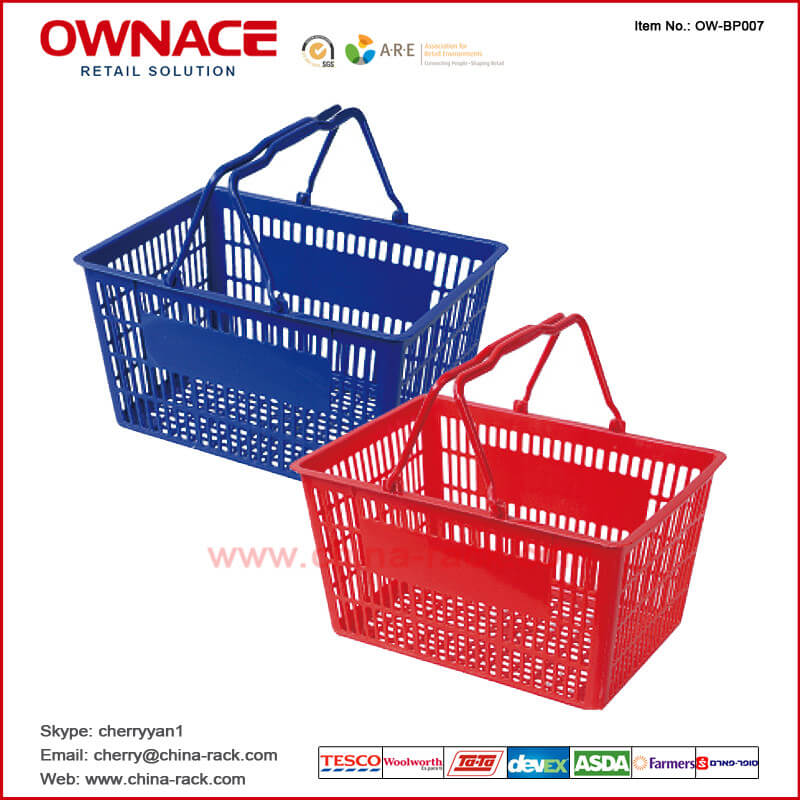 Cesta de compras plástica del supermercado de la carretilla de la manija OW-BP007