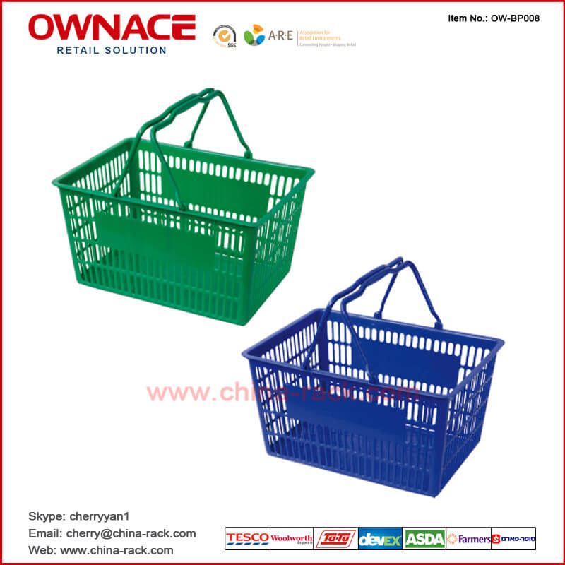 Cesta de compras plástica del supermercado de la carretilla de la manija OW-BP008