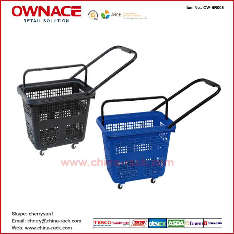 OW-BR008 Plastic Rolling Supermarket Shopping Basket con la manija y la rueda
