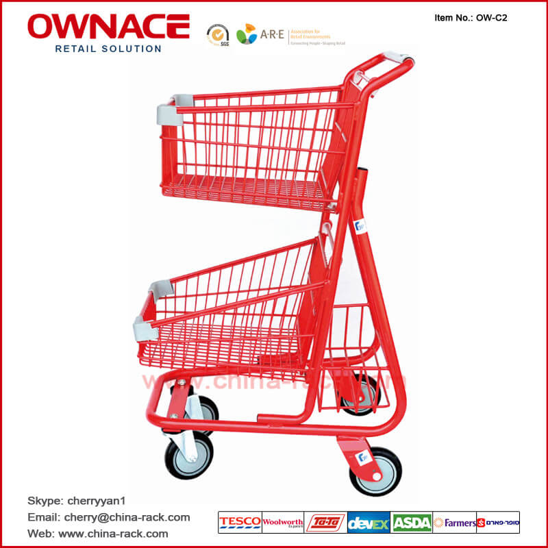 Carretilla/carro de las compras del supermercado de la carretilla de la cesta de alambre de las capas dobles OW-C2 con diversa capacidad