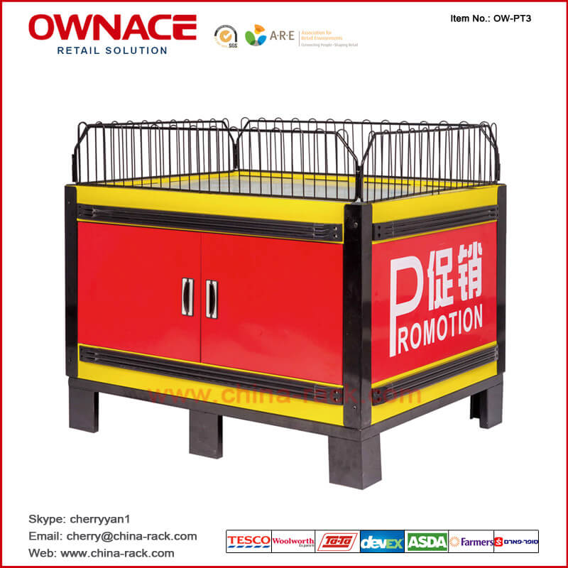 OW-PT3 Supermarket Exhibition Stand Promotion Table con Guardrail para Shop/Grocery/Retail
